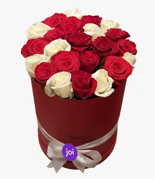 Red & White Roses in a Red Cylindrical Box (15-20 Roses)