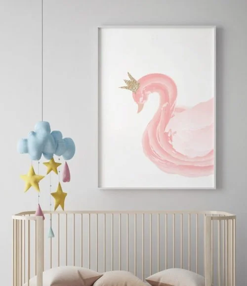 Pink Swan Glitter Crown Wall Art Print by Sweet Pea