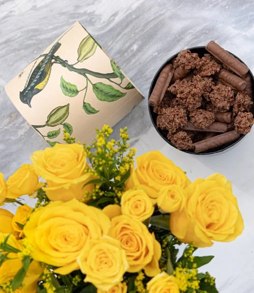The Sunny One Roses Arrangement with Crunchy Snack By Anoosh