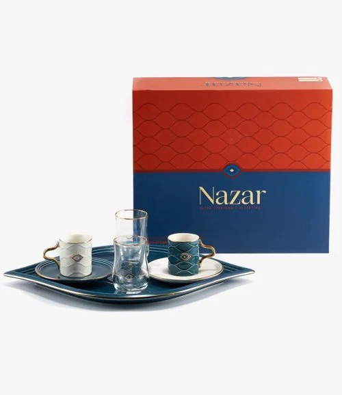 طقم قهوة تركي - نزار -  ازرق وابيض
