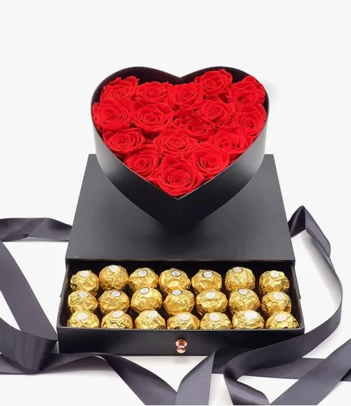 صندوق الورود الرومانسية المطلقة مع شوكولاتة فيريرو