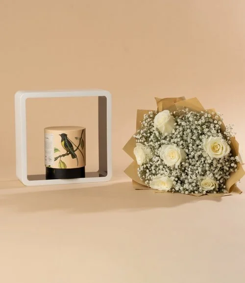 White Roses Hand Bouquet and Anoosh Chocolate Bundle