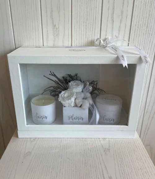 White Trio Gift Box with Double Infinity Rose Arrangement by Plaisir