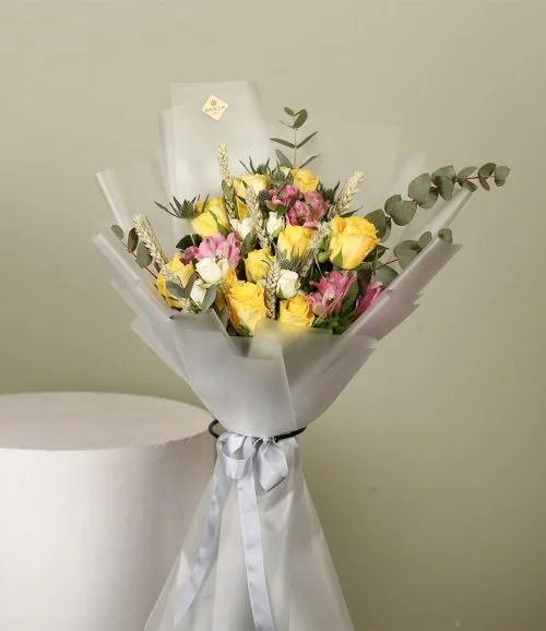 Yellow Joury Bouquet With Baby Rose and White Rose
