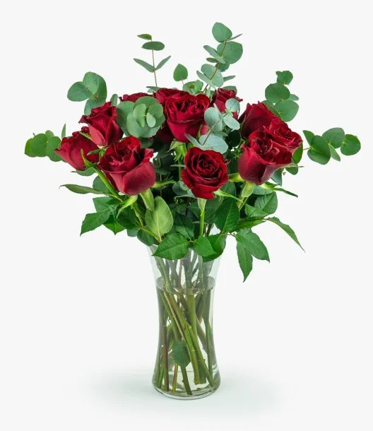 12 Red Roses & Eucalyptus Arrangement