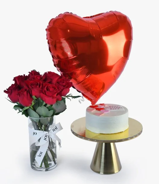 13 Roses Bouquet with Happy Valentine Cake by Bakery and Co and Red Heart Helium Foil Balloon