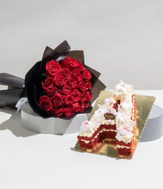 24 Roses Hand Bouquet and Letter Cake by Bakery & Company