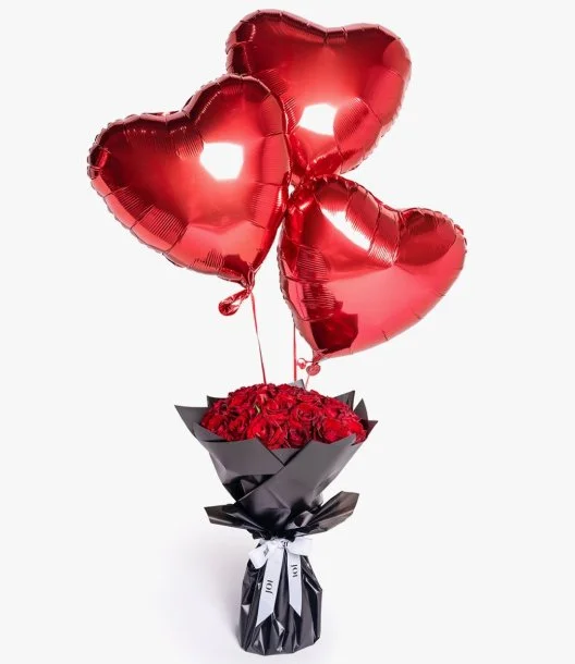 25 Red Roses Hand Bouquet and Heart Foil Balloons Bundle