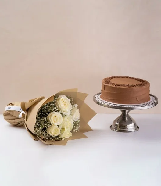 Chocolate Fudge Cake & White Roses Bundle by Sugar Daddy's Bakery
