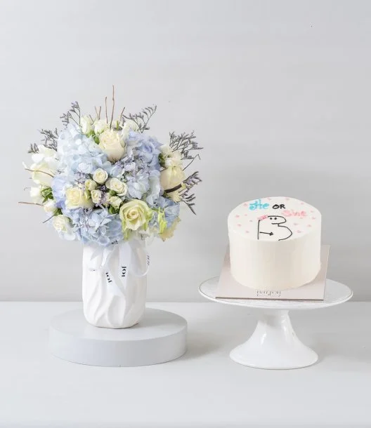 Azure Garden Flower Arrangement & Baby Gender Reveal Cake Bundle