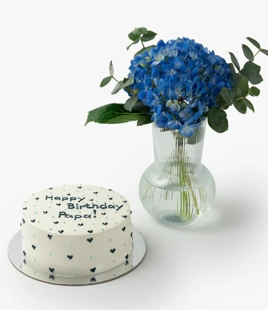 Blue & White Hearts Cute Cake & Flowers Bundle