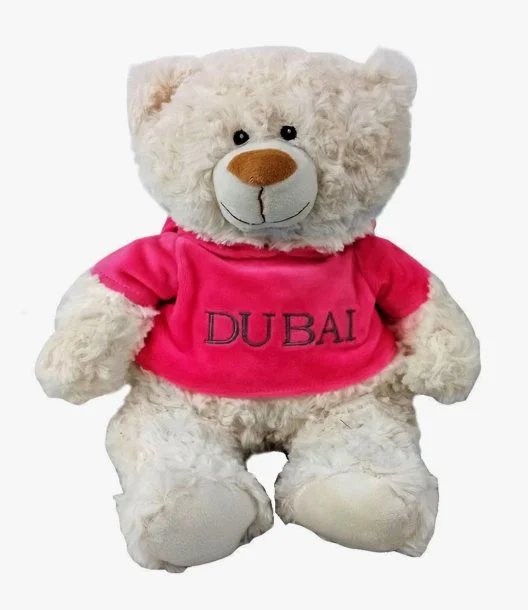 Cream Bear with trendy Pink Velour Hoodie "DUBAI" Size 38cm - Embroidered