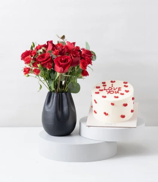 Crimson Passion Flower Arrangement & I Love You Cake Bundle