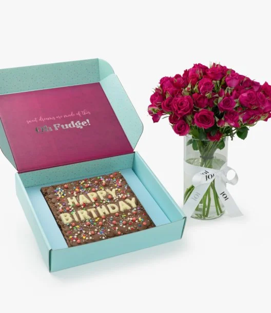 Happy Birthday Brownie Slab & Roses Gift Bundle by Oh Fudge