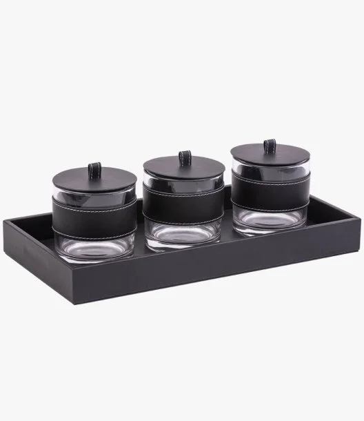 Leather Textured Condiment /Bathroom Set In Black By A'Ish Home