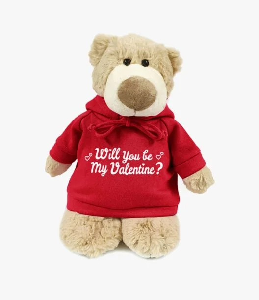 Mascot Bear in Red Hoodie "Will you be my Valentine?" by Fay Lawson