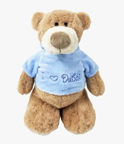 Mascot Bear with trendy Blue Velour Hoodie "I Heart Dubai" Size 28cm - Embroidered