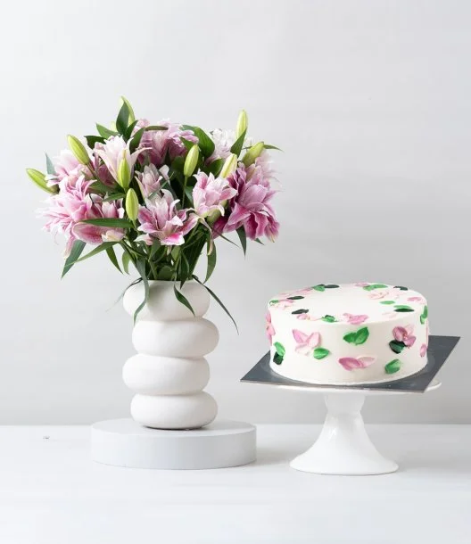 Pink Casablanca Majesty Flower Arrangement & Flowers Cake Bundle