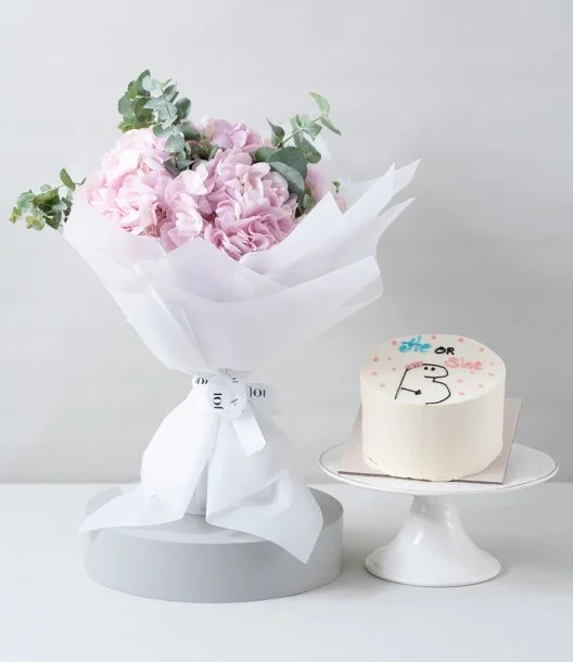 Pink Clouds of Hydrangea Bouquet & Baby Gender Reveal Cake Bundle