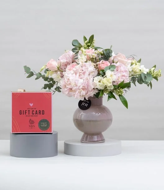 Pink Hydrangea Flower Arrangement & Pedicure + Manicure Luxury Gift Card by SBS Spa Bundle
