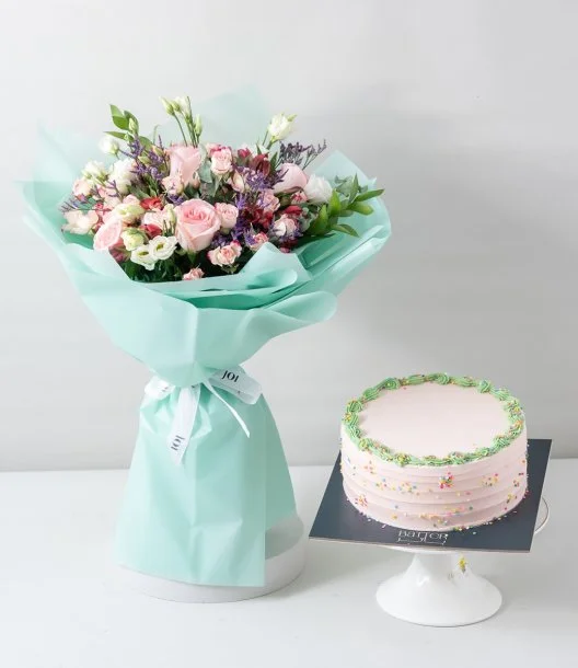 Pink Serenity Hand Bouquet & Confetti Birthday Cake Bundle