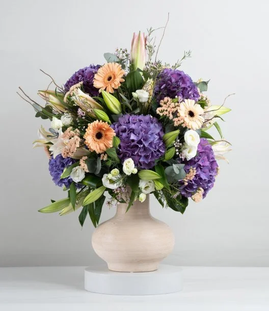 Purple Hydrangea and White Casablanca Flower Arrangement