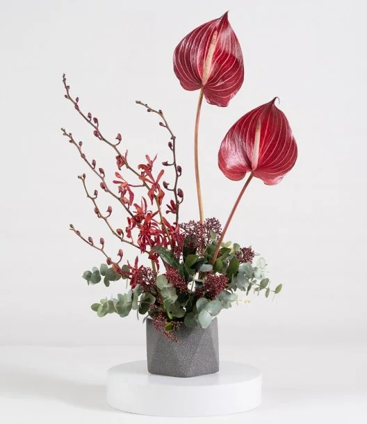تنسيقة زهور الأنثوريوم الحمراء