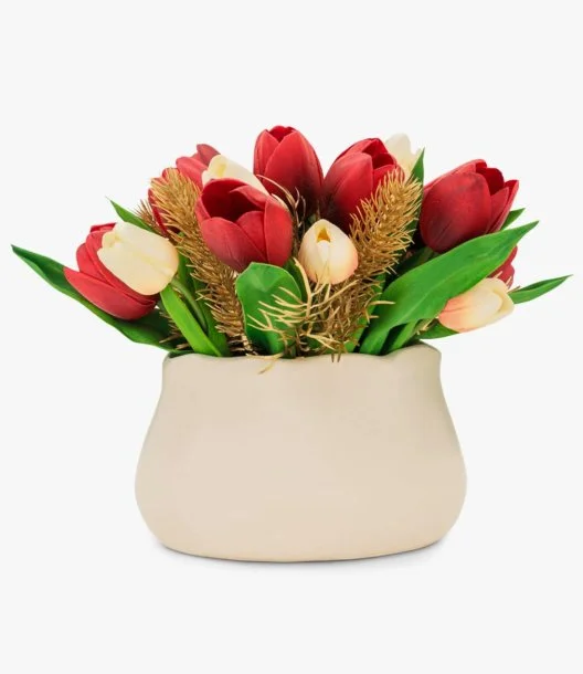 Red & White Tulips Faux Floral Arrangement in Ceramic Vase by Silsal