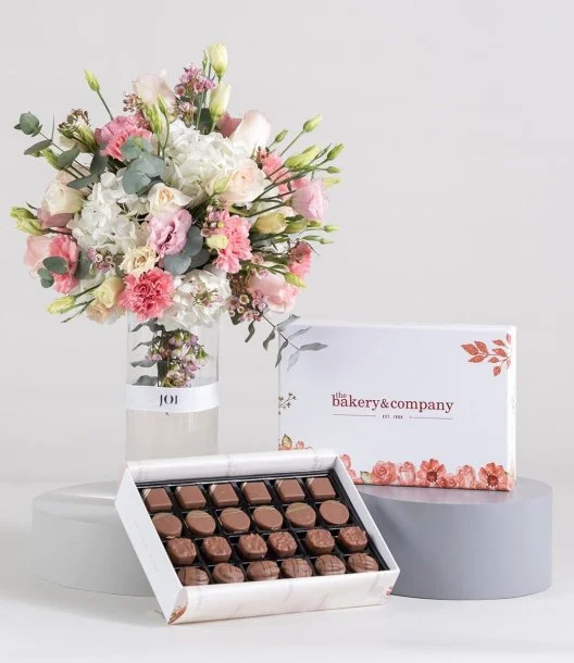 Shades of Pink Flower Arrangement & Premium Nutty Chocolate by Bakery & Company Bundle