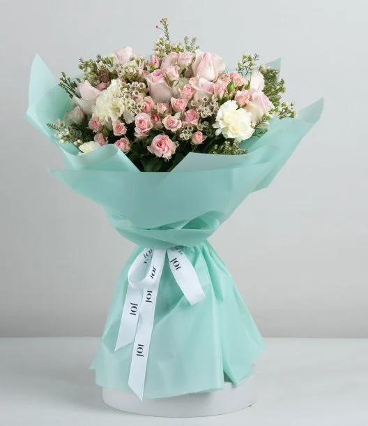 Summer Pink Roses Hand Bouquet with green Wrapping paper