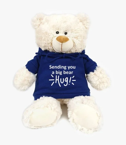 Cream Bear with  "Sending You A Big Bear Hug" Blue Hoodie By Fay Lawson