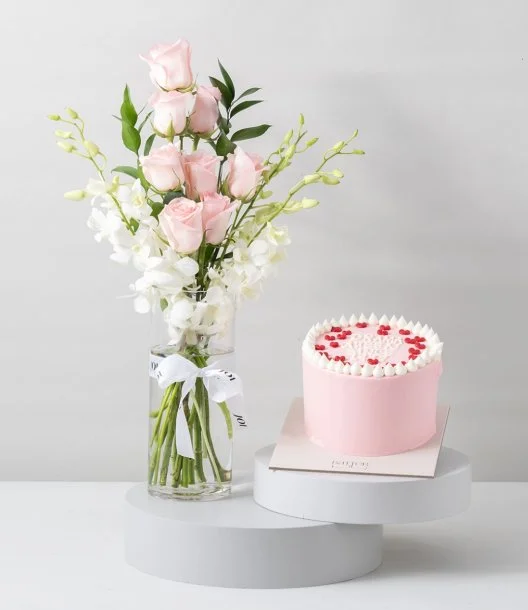 The Pink Elegant Twist Roses Arrangement & Drama Queen Cake Bundle