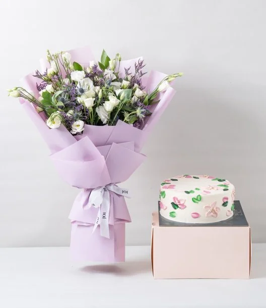 Whispering Meadows Hand Bouquet & Flowers Cake Bundle