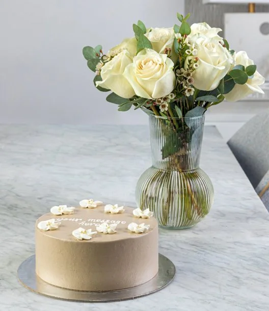 White Flower Cute Cake & Roses Bundle