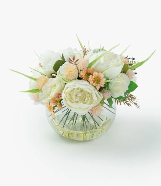 White Peonies & Roses Artificial Flowers Arrangement in Glass Vase
