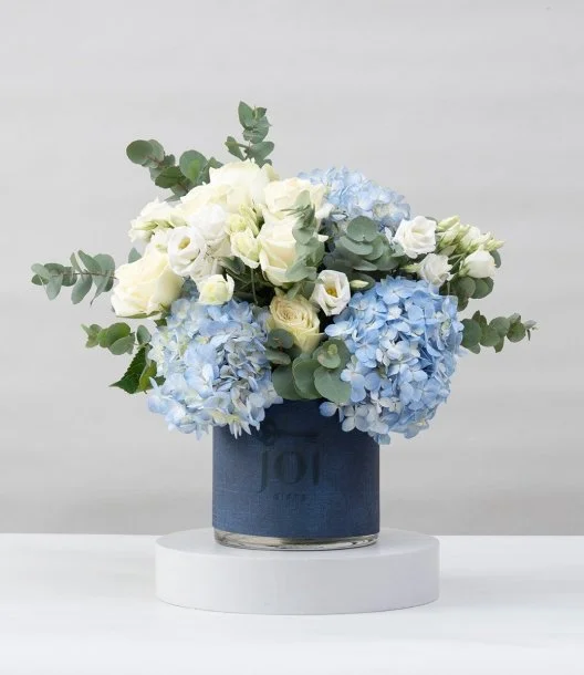 White Roses & Blue Hydrangea Flower Arrangement