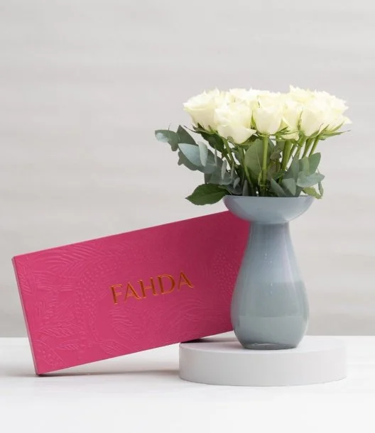 White Roses in Grey Vase Flower Arrangement and Crispy Chocolate By Fahda