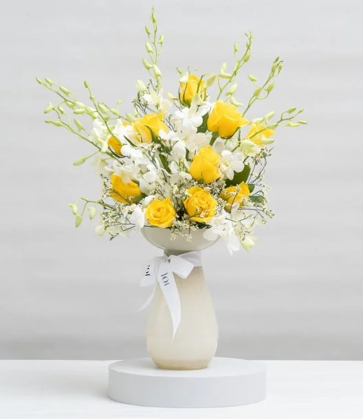 Yellow Roses & Orchids Flower Arrangement