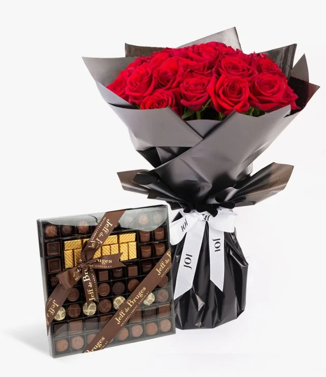 12 Red Roses Romantic Bouquet with Paris Chocolate Box - Large by Jeff de Bruges