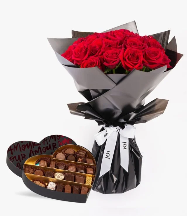 12 Red Roses Romantic Bouquet with Red Heart Chocolate Box - Large by Jeff de Bruges