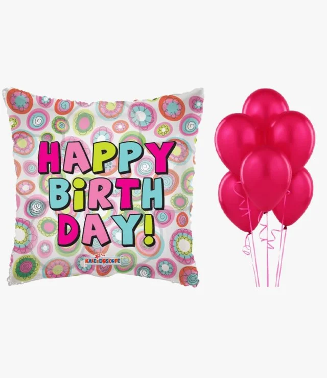 Happy Birthday Clear Balloon and 6 Pink Balloons