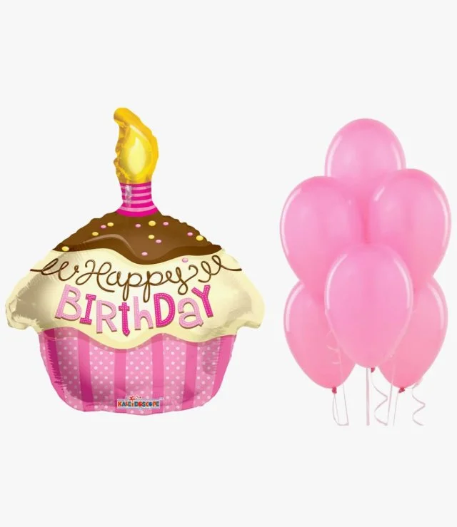 Pink Birthday Cupcake Balloon and 6 Pink Balloons