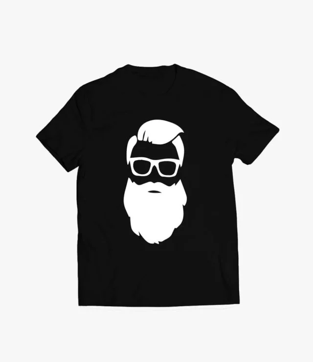 Men's Black Printed T-shirt with Illustrated Beard