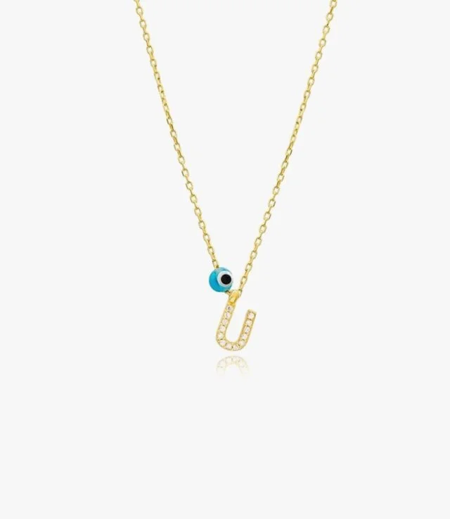 Letter U Necklace With Blue Bead by NAFEES