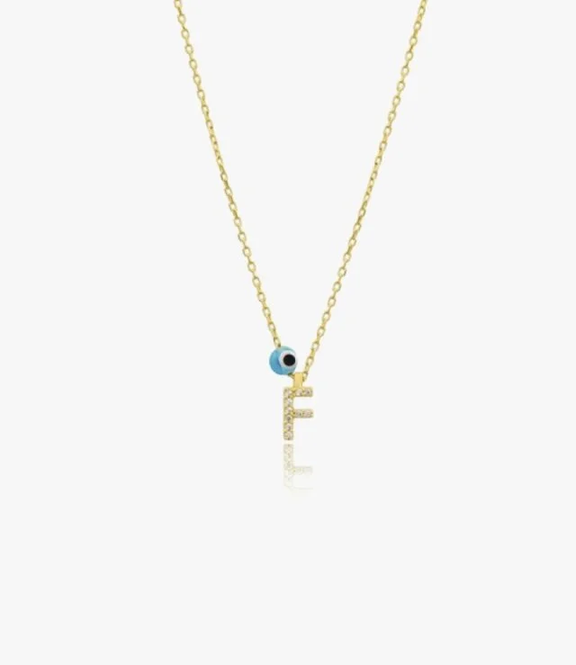 Gold Necklace Decorated With Letter F and Blue Bead by NAFEES