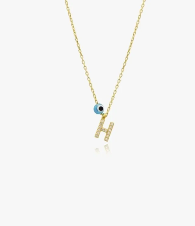 Golden Necklace With Letter H and Blue Bead by NAFEES