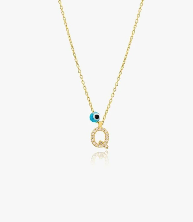 Letter Q Necklace With Blue Bead by NAFEES