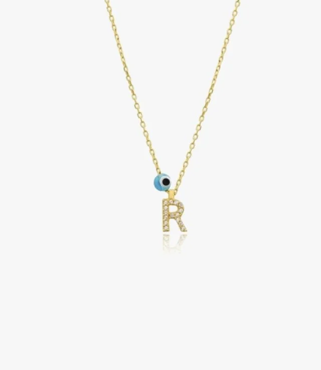 Letter R and Blue Bead Necklace by NAFEES