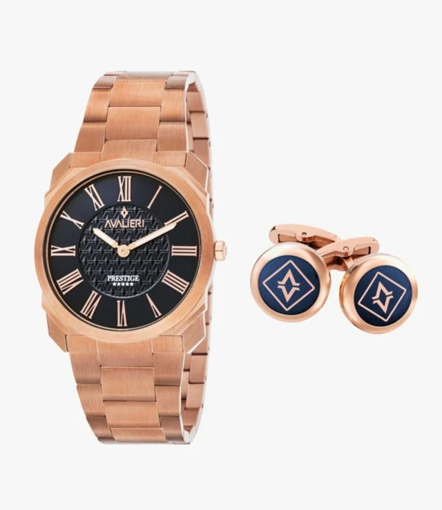 Avalieri Prestige Men's Metal Strap Blue Quartz Watch with Cufflinks Set