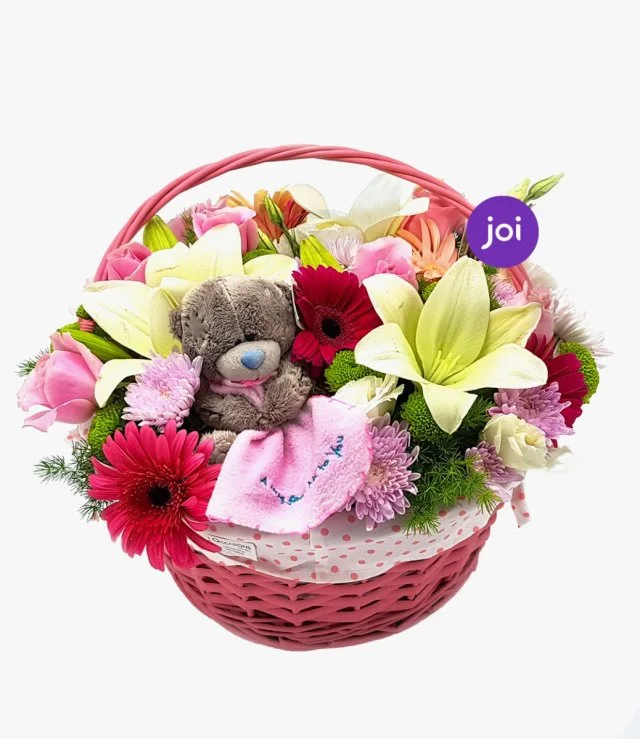 Baby Girl Pink Flowers Basket